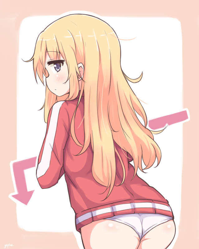 1girl :/ ass blonde_hair blue_eyes blush border closed_mouth directional_arrow eyebrows_visible_through_hair from_behind gabriel_dropout jacket messy_hair panties profile red_jacket solo tenma_gabriel_white track_jacket underwear white_panties yaplus
