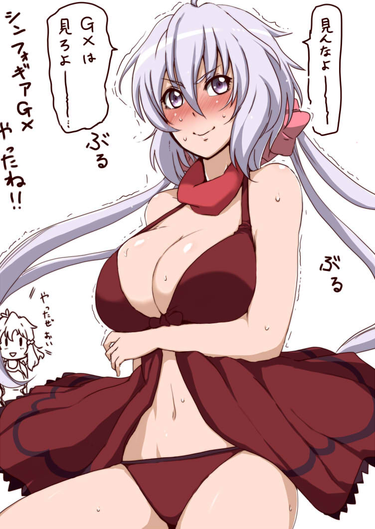 &gt;:) 1girl alternate_costume babydoll bangs bare_arms bare_shoulders blush bow breast_hold breasts cleavage closed_mouth grey_eyes hair_between_eyes hair_bow large_breasts looking_at_viewer low_twintails navel nose_blush panties pink_bow red_panties senki_zesshou_symphogear silver_hair solo_focus stomach sweat tobisawa translation_request trembling twintails underwear yukine_chris