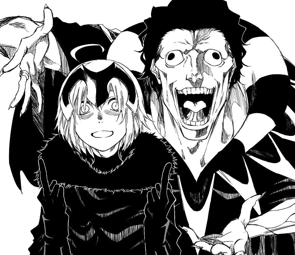 1boy 1girl caster_(fate/zero) commentary commentary_request evil_eyes evil_grin evil_smile fate/apocrypha fate/grand_order fate_(series) fur_trim gloves greyscale grin headpiece jeanne_alter jewelry kofunami_nana middle_finger monochrome open_mouth ring ruler_(fate/apocrypha) smile