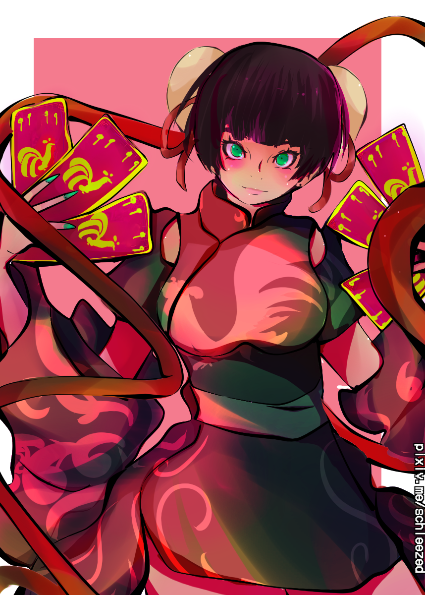 brown_eyes china_dress chinese_clothes dress green_eyes highres looking_at_viewer new_year red_dress schleezed