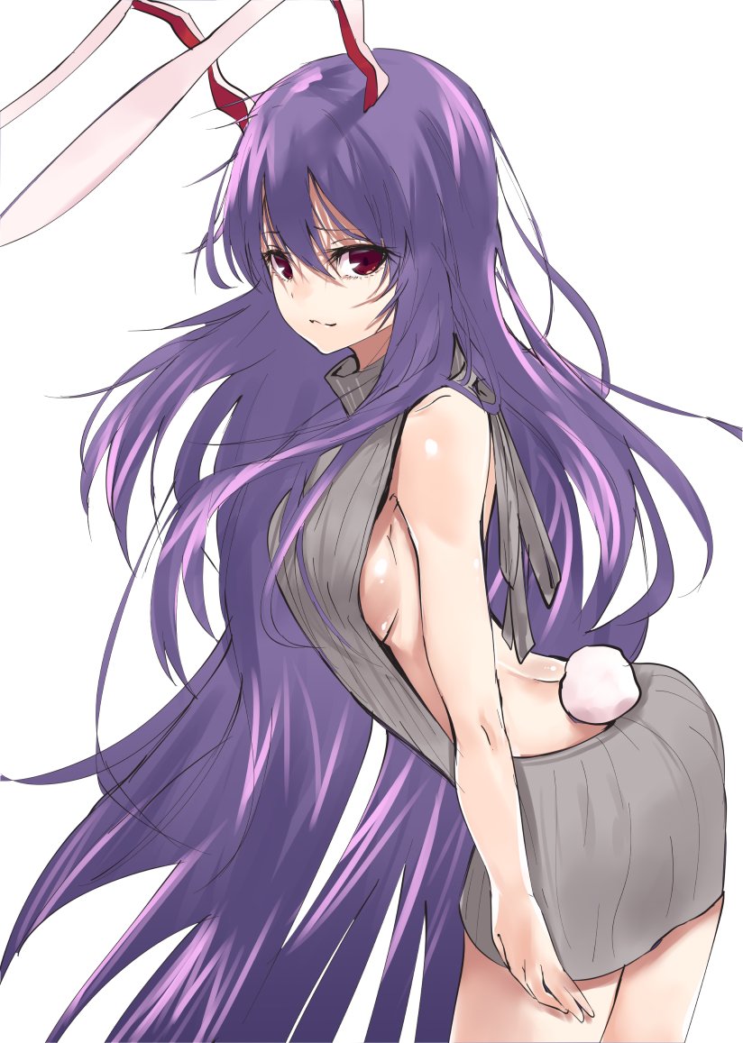 1girl animal_ears arched_back ass asuzemu back back_opening backless_outfit bangs bare_shoulders breasts bunny_tail closed_mouth cowboy_shot dress eyebrows_visible_through_hair from_side grey_ribbon grey_sweater hair_between_eyes halterneck lavender_hair legs_together long_hair medium_breasts open-back_dress purple_hair rabbit_ears red_eyes reisen_udongein_inaba ribbed_sweater ribbon sideboob simple_background solo sweater sweater_dress tail touhou turtleneck turtleneck_sweater very_long_hair virgin_killer_sweater white_background