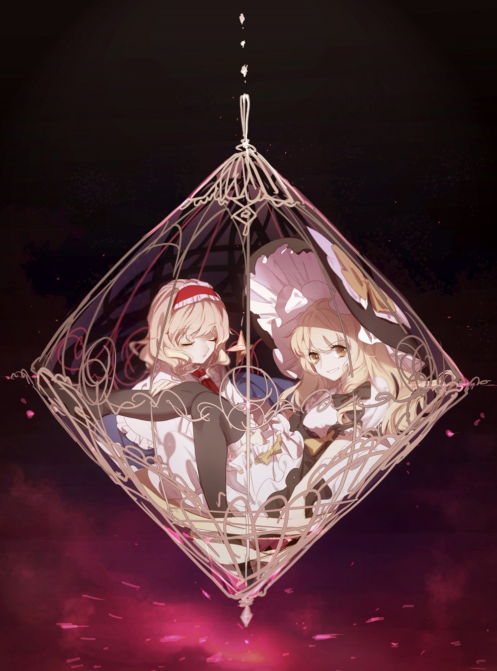 &gt;:) 2girls alice_margatroid bangs birdcage black_bow black_dress black_legwear blonde_hair bow brown_eyes cage capelet closed_eyes dress frilled_legwear from_side hair_bow hairband hat highres kirisame_marisa lolita_hairband long_hair looking_at_viewer looking_to_the_side multiple_girls neck_ribbon no-kan parted_lips ribbon smile thigh-highs touhou witch_hat