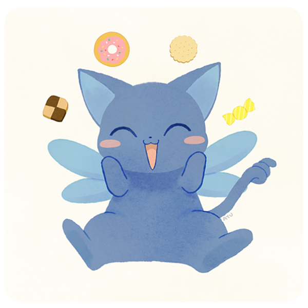 :3 ^_^ ayu_(mog) blush_stickers candy card_captor_sakura checkerboard_cookie closed_eyes cookie doughnut food no_humans open_mouth sitting smile suppi wings