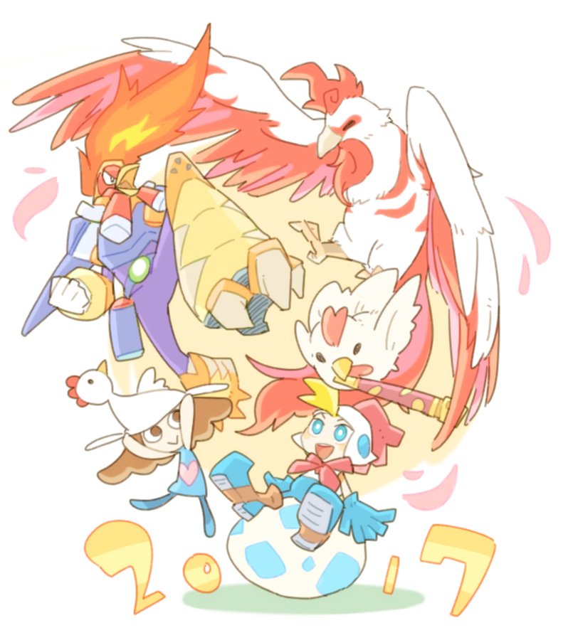 1boy 2017 billy_hatcher billy_hatcher_and_the_giant_egg bird blonde_hair blue_eyes brown_eyes brown_hair burn_kokekokker capcom character_request chicken company_connection egg fire moegami moegami's_child nengajou new_year ookami_(game) phoenix robot rockman rockman_x rockman_x8 rooster_hood simple_background sitting smile trait_connection white_background year_of_the_rooster ziro_(daydozen)
