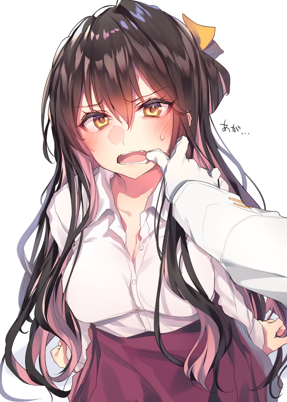 1boy 1girl admiral_(kantai_collection) black_hair blush breasts cleavage embarrassed finger_in_another's_mouth gloves hair_between_eyes highres jacket kantai_collection long_hair long_sleeves looking_at_viewer medium_breasts multicolored_hair naganami_(kantai_collection) open_clothes open_mouth open_shirt pink_hair purple_vest shirt simple_background soukou_makura two-tone_hair vest white_background white_gloves white_jacket white_shirt yellow_eyes