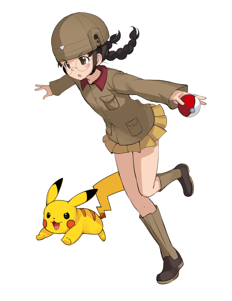 1girl black_hair blush_stickers boots braid brown_boots brown_eyes brown_jacket fukuda_(girls_und_panzer) full_body girls_und_panzer glasses helmet holding holding_poke_ball ikomochi long_hair long_sleeves looking_to_the_side military military_uniform miniskirt parted_lips pikachu pleated_skirt poke_ball pokemon round_glasses running simple_background skirt standing standing_on_one_leg twin_braids twintails uniform white_background yellow_skirt