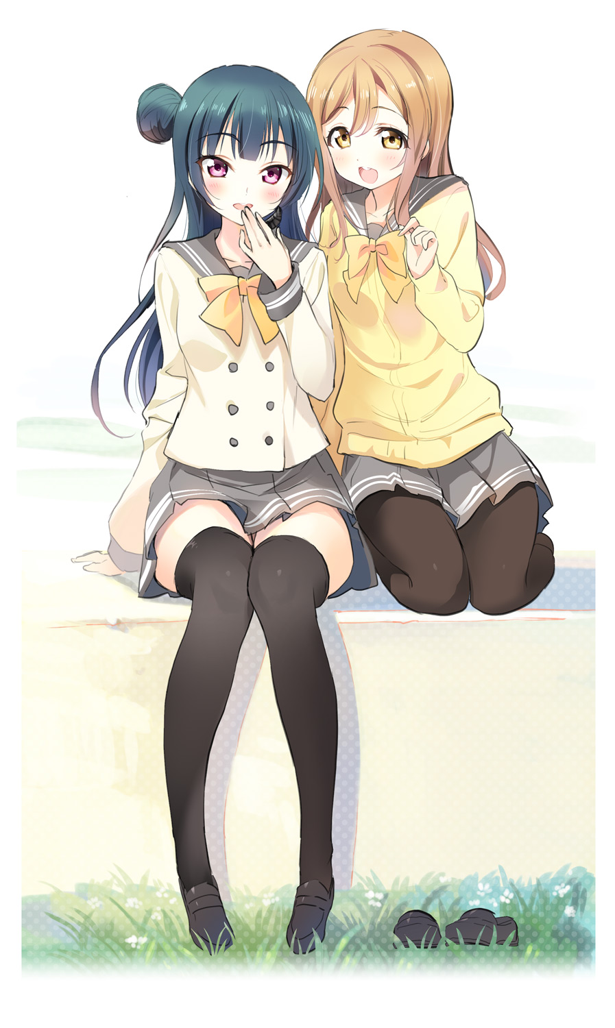 2girls bangs black_legwear black_shoes blue_hair blush bow bowtie brown_eyes brown_hair cardigan commentary_request covering_mouth highres knees_together kunikida_hanamaru long_hair long_sleeves looking_at_another love_live! love_live!_sunshine!! miniskirt multiple_girls pantyhose pigeon-toed pleated_skirt school_uniform seiza serafuku shoes shoes_removed side_bun sitting sitting_on_wall skirt thigh-highs tsushima_yoshiko violet_eyes yellow_bow yellow_bowtie youta