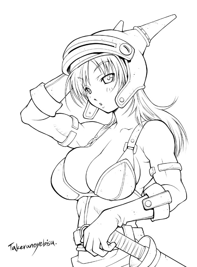 1girl armlet armor bare_shoulders belt blush breasts cleavage daisy_(dq) dragon_quest dragon_quest_yuusha_abel_densetsu gloves helmet horned_helmet large_breasts long_hair looking_at_viewer parted_lips sheath sheathed simple_background solo sword takerunoyebisu upper_body weapon