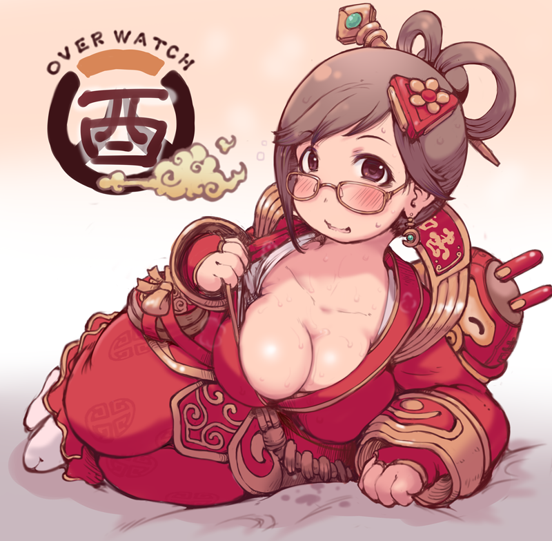 1girl alternate_costume angpao blush breasts brown_hair chinese_clothes cleavage glasses ibukichi looking_at_viewer luna_mei lying mei_(overwatch) on_side overwatch robot snowball_(overwatch) wavy_mouth