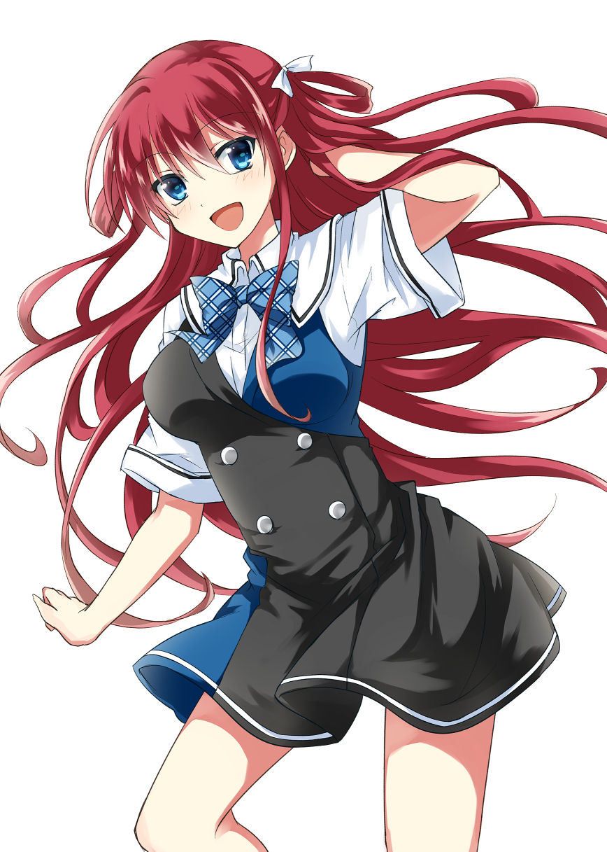1girl blue_eyes bow grisaia_(series) grisaia_no_kajitsu hair_bow hand_in_hair highres long_hair looking_at_viewer open_mouth redhead simple_background solo suou_amane tm-pika white_background white_bow