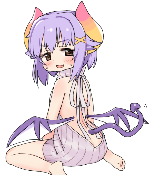 1girl ass backless_outfit barefoot blush brown_eyes butt_crack demon_girl demon_horns demon_tail demon_wings dress hair_ornament halterneck horns idolmaster idolmaster_cinderella_girls koshimizu_sachiko looking_at_viewer moru_(monaka) naked_sweater open-back_dress open_mouth purple_hair ribbed_sweater short_hair simple_background smile solo sweater sweater_dress tail turtleneck turtleneck_sweater virgin_killer_sweater white_background wings x_hair_ornament