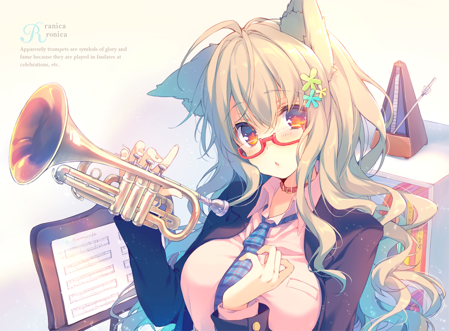 1girl animal_ears bangs blazer blonde_hair blue_necktie blush bookshelf breasts cat_ears checkered checkered_necktie chestnut_mouth choker collared_shirt english eyebrows_visible_through_hair flower glasses grey_hair hair_between_eyes hair_flower hair_ornament holding_instrument instrument jacket large_breasts long_hair looking_at_viewer metronome necktie orange_eyes original parted_lips red-framed_eyewear reia school_uniform semi-rimless_glasses sheet_music shirt solo trumpet wavy_hair wing_collar