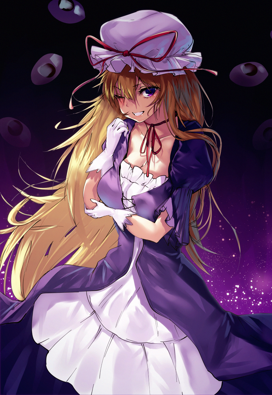 1girl adapted_costume asuzemu bangs blonde_hair blush breasts choker cleavage cowboy_shot dress eyes gloves gradient gradient_background gradient_eyes grin hand_on_own_arm hat hat_ribbon highres large_breasts layered_dress light light_particles long_hair looking_at_viewer mob_cap multicolored multicolored_eyes one_eye_closed puffy_short_sleeves puffy_sleeves purple_background purple_dress reflective_eyes ribbon ribbon_choker shiny shiny_hair shiny_skin short_sleeves smile solo touhou very_long_hair violet_eyes white_dress white_gloves wind yakumo_yukari