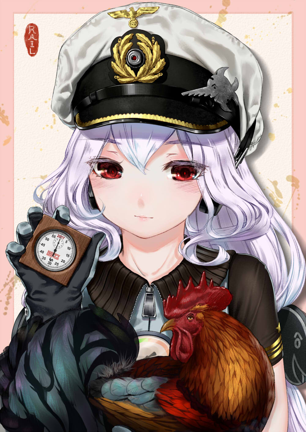 1girl artist_name bird black_gloves blush chicken chinese_new_year closed_mouth colored_eyelashes eyebrows_visible_through_hair gloves grey_gloves hat headphones highres holding lavender_hair lips looking_at_viewer low_twintails military_hat nengajou new_year peaked_cap pink_background portrait rail_(silverbow) red_eyes rooster short_sleeves smile stopwatch text twintails u96_(zhan_jian_shao_nyu) watch white_hat year_of_the_rooster zhan_jian_shao_nyu zipper_pull_tab