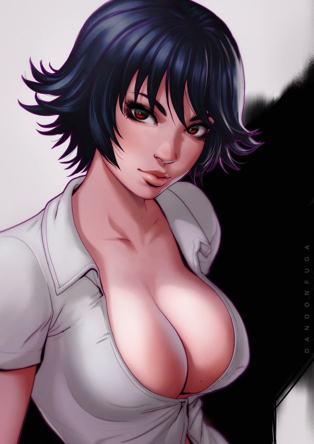 1girl ajin_(sakurai_gamon) black_hair breasts cleavage dandon_fuga large_breasts lips looking_at_viewer red_eyes shimomura_izumi short_hair smile solo upper_body