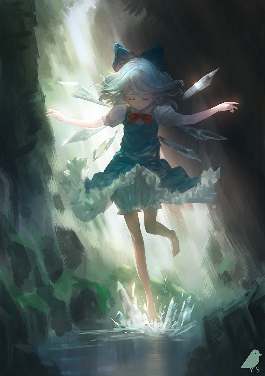 1girl artist_name bangs barefoot bloomers blue_bow blue_dress blue_hair bow cirno closed_eyes closed_mouth dress dress_shirt floating_hair frilled_skirt frills hair_bow hair_ornament hands_up highres ice ice_wings legs_apart neck_ribbon outstretched_arms puffy_sleeves red_ribbon ribbon shirt short_hair short_sleeves skirt smile solo standing standing_on_liquid touhou underwear wings you_(shimizu)