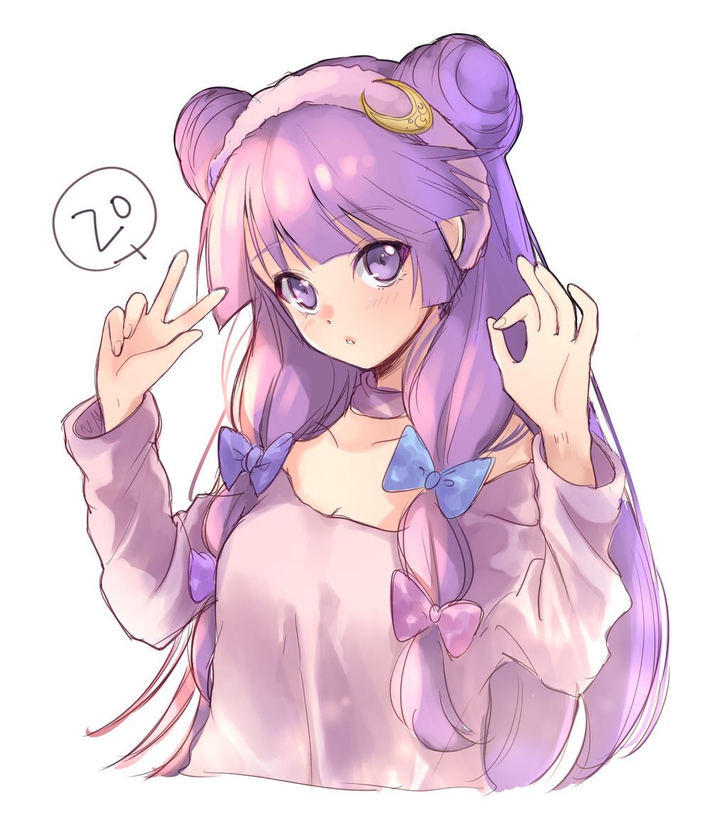 1girl blue_bow bow crescent crescent_hair_ornament double_bun hair_bow hair_ornament hairband long_hair long_sleeves patchouli_knowledge purple_bow purple_hair sidelocks simple_background sketch solo touhou upper_body v vanilla_(miotanntann) very_long_hair violet_eyes white_background