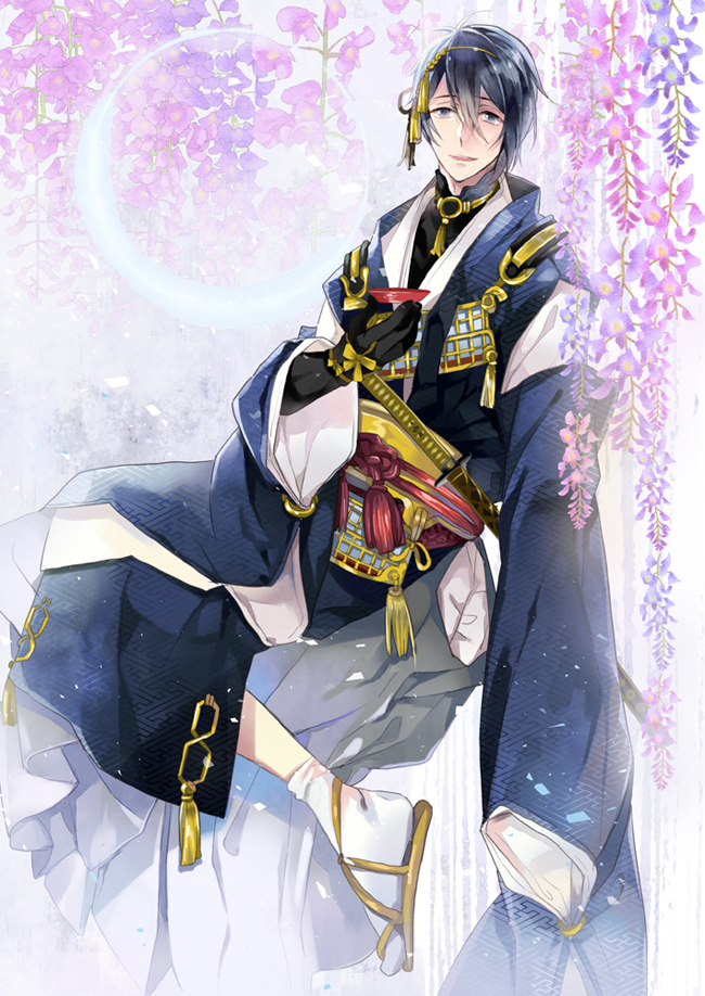 1boy black_gloves blue_eyes blue_hair crescent_moon cup flower gloves hakama japanese_clothes lilac male_focus mikazuki_munechika moon nechi774 open_mouth sakazuki sandals sayagata smile tabi touken_ranbu