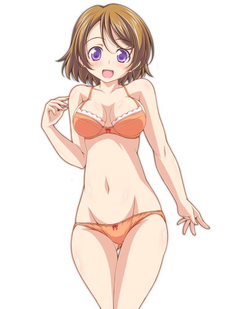 1girl bow bow_bra bow_panties bra breasts brown_hair cowboy_shot crotch_seam kikuchi_tsutomu koizumi_hanayo lace lace-trimmed_bra lace-trimmed_panties looking_at_viewer love_live! love_live!_school_idol_project medium_breasts open_mouth orange_bra orange_panties panties short_hair simple_background smile solo standing thigh_gap underwear underwear_only violet_eyes white_background yellow_bra