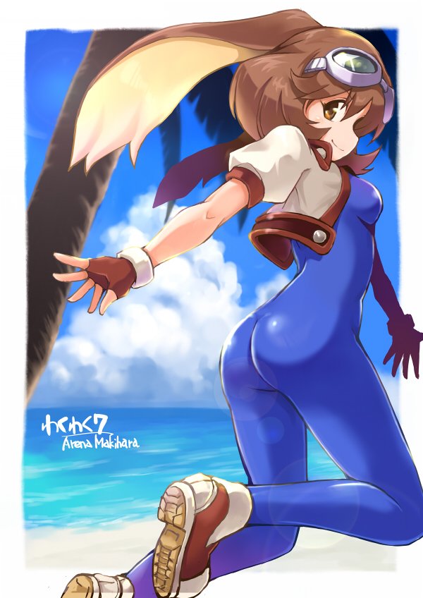 1girl animal_ears ass bangs beach blue_bodysuit bodysuit breasts brown_eyes brown_gloves brown_hair brown_shoes clouds cloudy_sky commentary_request copyright_name cropped_jacket english fingerless_gloves from_behind full_body gloves goggles goggles_on_head looking_at_viewer looking_back makihara_arina palm_tree rabbit_ears ranguage satomura_kyou shoes short_hair skin_tight sky small_breasts smile sneakers solo standing tree waku_waku_7