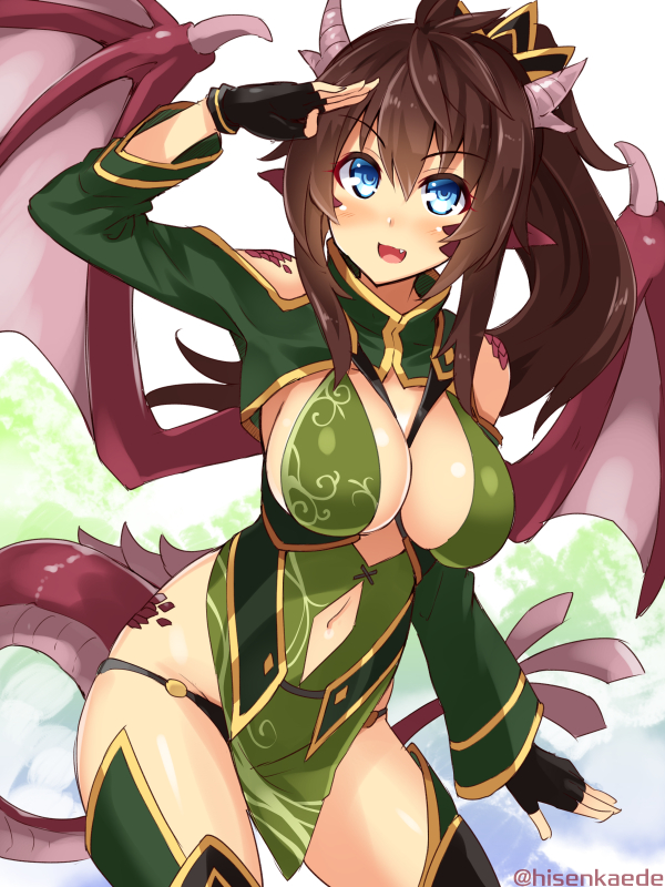 1girl blue_eyes blush borrowed_character breasts brown_hair cleavage dragon_girl dragon_horns dragon_tail dragon_wings fang fingerless_gloves gloves horns kikyou-0423 large_breasts long_hair looking_at_viewer medium_breasts monster_girl navel open_mouth pointy_ears smile solo tail thighs twitter_username wings