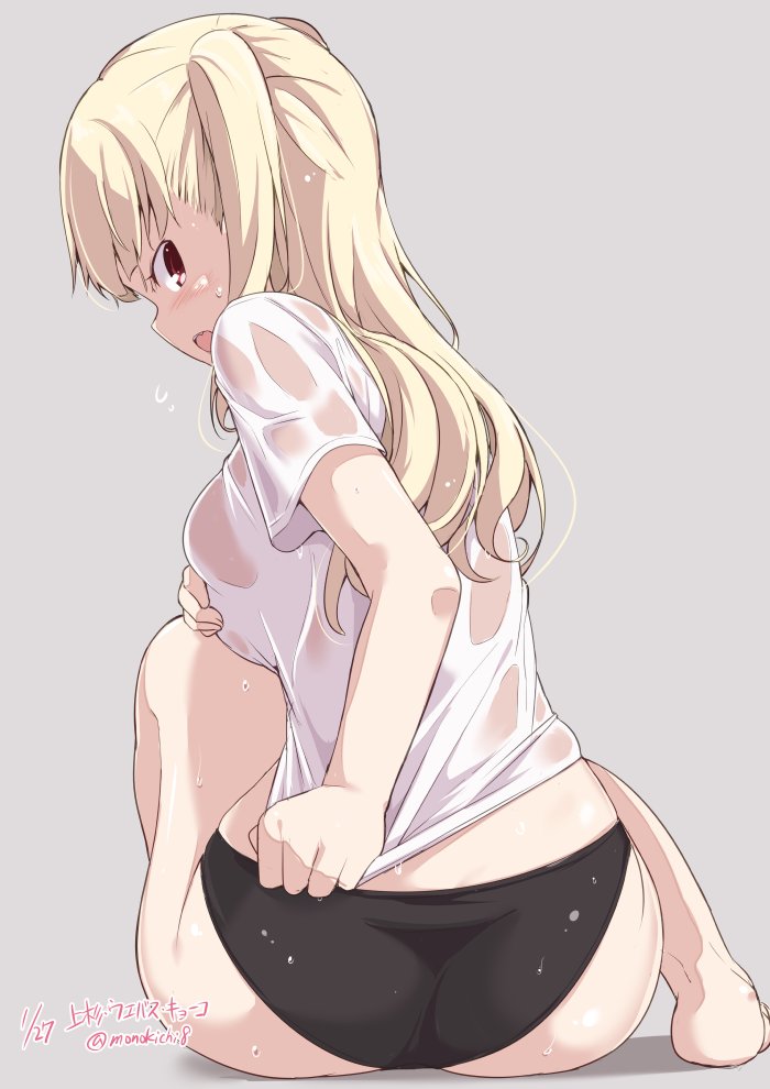 1girl ass barefoot black_panties blonde_hair blush breasts covering covering_breasts dated grey_background kichihachi large_breasts long_hair looking_at_viewer looking_back open_mouth panties red_eyes see-through_silhouette shirt shirt_tug signature simple_background sitting solo tokyo_7th_sisters twitter_username two_side_up uesugi_u_kyouko underwear wet wet_clothes wet_shirt white_shirt