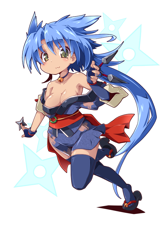 1girl :3 alice_soft bell bell_choker bell_collar blue_hair breasts choker cleavage collar dark_skin fingerless_gloves gloves green_eyes kunai long_hair looking_at_viewer ninja off_shoulder rance_(series) reku running sandals shuriken simple_background solo suzume_(rance) thigh-highs very_long_hair weapon yellow_eyes