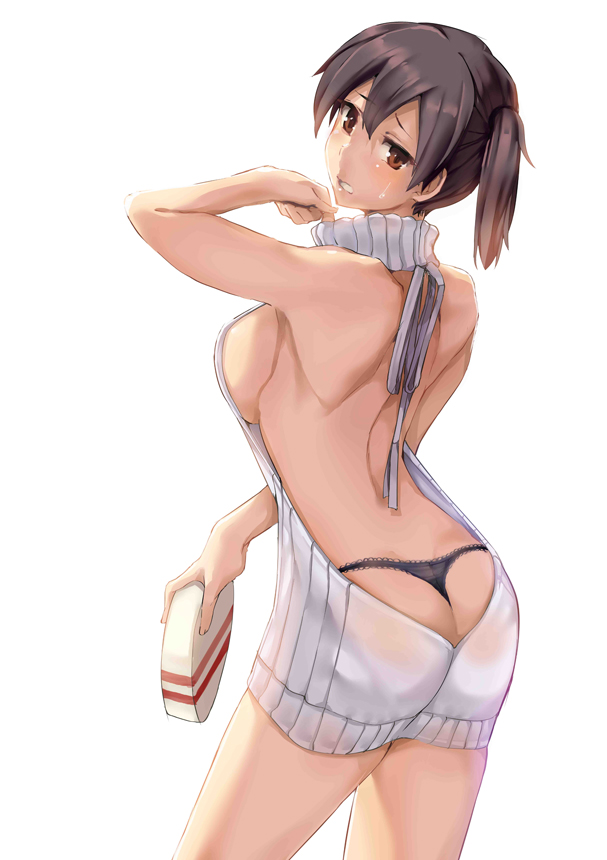 1girl alternate_costume armadillo-tokage ass backless_outfit bare_back black_panties box_of_chocolates breasts brown_hair butt_crack clenched_teeth commentary dress half-closed_eyes halterneck kaga_(kantai_collection) kantai_collection looking_back looking_down no_bra open-back_dress panties ribbed_sweater side_ponytail sideboob solo sweatdrop sweater sweater_dress teeth thong turtleneck turtleneck_sweater underwear virgin_killer_sweater whale_tail
