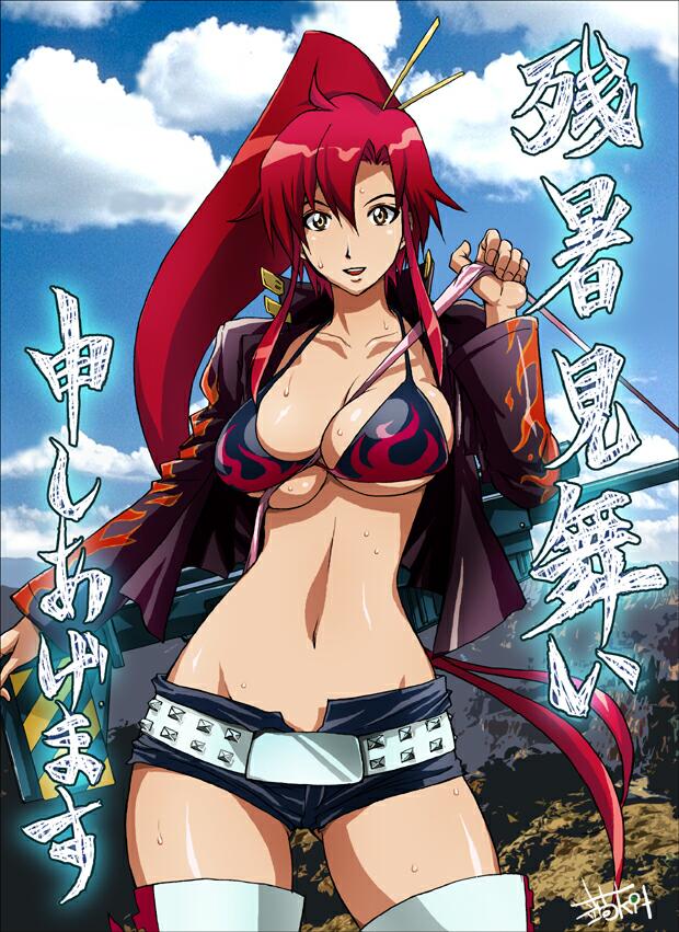 1girl between_breasts bikini bikini_top breast_squeeze breasts cleavage contrapposto curvy gun hips huge_breasts jpeg_artifacts konkitto ponytail short_shorts shorts solo sweat swimsuit tengen_toppa_gurren_lagann thigh-highs under_boob weapon yoko_littner