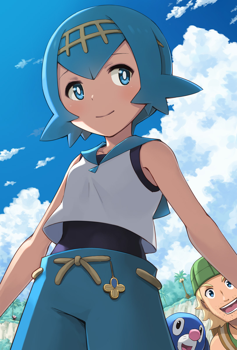 1boy 1girl alolan_exeggutor bare_shoulders beanie bewear blonde_hair blue_eyes blue_hair blush breasts closed_mouth clouds covered_navel day hairband half-closed_eyes hashi hat highres hiker_(pokemon) looking_to_the_side one-piece_swimsuit open_mouth outdoors pants pokemon pokemon_(game) pokemon_sm popplio sailor_collar sailor_shirt shirt short_hair sky sleeveless sleeveless_shirt small_breasts smile suiren suiren_(pokemon) swimsuit