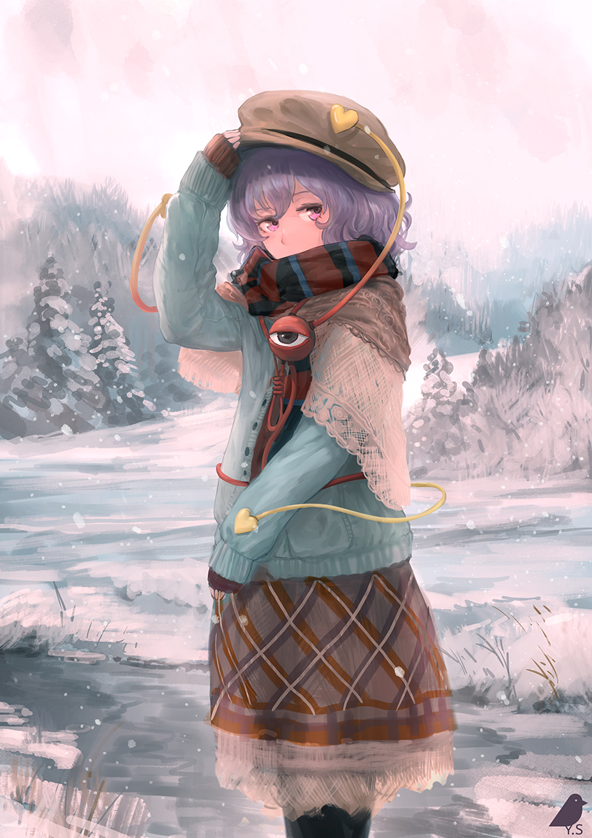 1girl adapted_costume buttons cardigan hand_on_headwear hat heart highres komeiji_satori long_sleeves outdoors pine_tree pink_eyes plaid plaid_skirt purple_hair scarf skirt snow snowing solo standing striped striped_scarf third_eye touhou tree winter winter_clothes you_(shimizu)