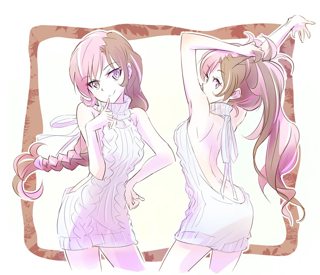 1girl backless_outfit braided_ponytail brown_eyes brown_hair commentary dress finger_to_mouth halterneck heterochromia holding holding_hair iesupa naked_sweater neo_(rwby) no_bra open-back_dress pink_eyes pink_hair ribbed_sweater rwby sleeveless sleeveless_dress smile solo sweater sweater_dress turtleneck turtleneck_sweater virgin_killer_sweater
