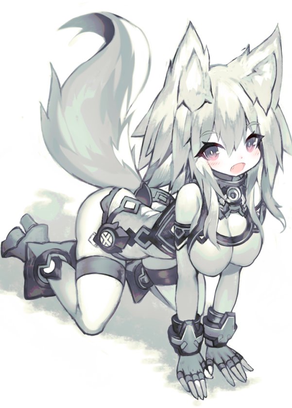 1girl :d all_fours animal_ears bangs blush boots breasts cleavage eyebrows_visible_through_hair fang fingerless_gloves fox_ears fox_girl fox_tail full_body gloves grey_gloves grey_hair hair_between_eyes large_breasts long_hair looking_at_viewer mamuru open_mouth original pink_eyes simple_background smile solo tail thigh_strap thighs white_background