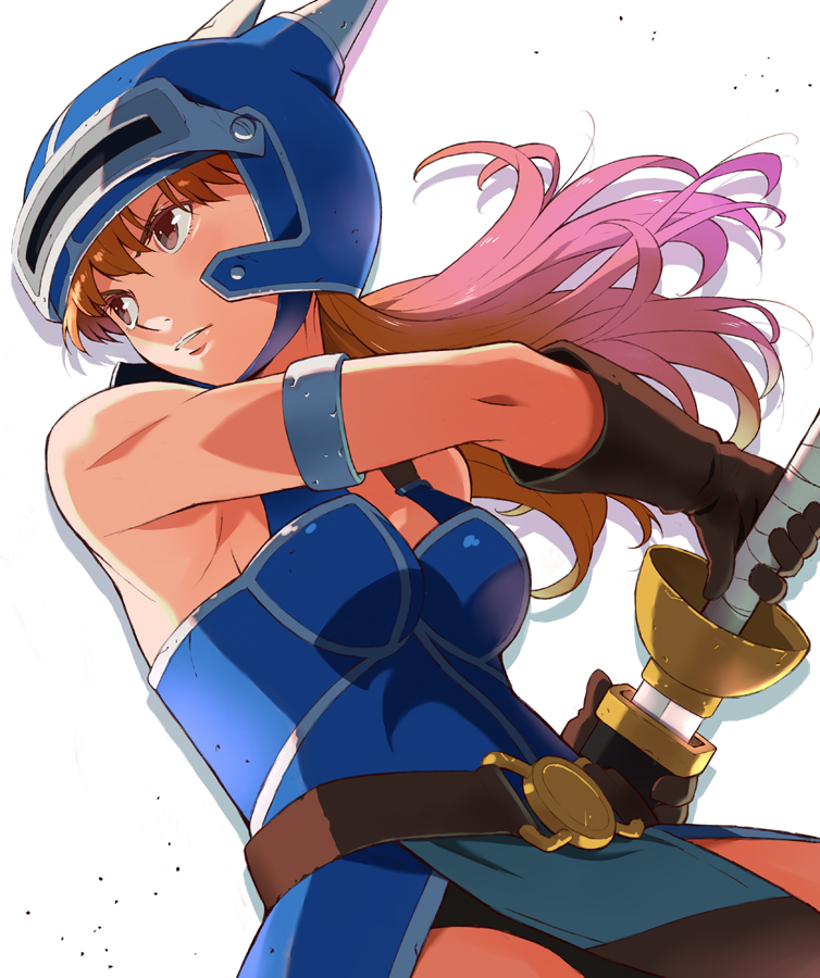 1girl armlet armor bare_shoulders belt black_panties breasts brown_eyes brown_gloves brown_hair daisy_(dq) dragon_quest dragon_quest_yuusha_abel_densetsu foreshortening gloves helmet horned_helmet long_hair looking_at_viewer mizunoto_kanae panties sheath sheathed sideboob simple_background solo sword underwear weapon white_background