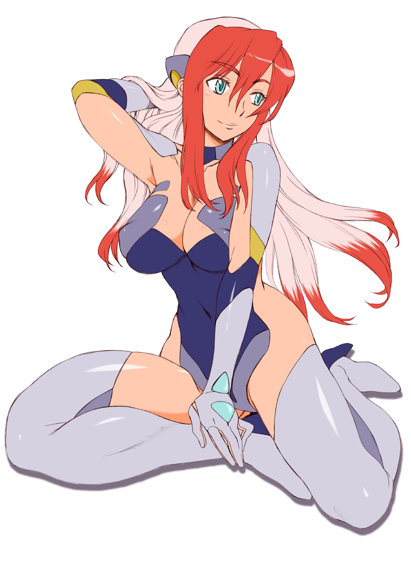 1girl aqua_eyes arm_up birdy_cephon_altirra blue_eyes boots breasts cleavage erect_nipples gloves hand_behind_head high_heels large_breasts long_hair multicolored_hair redhead simple_background smile solo tetsuwan_birdy tetsuwan_birdy_decode thigh-highs thigh_boots two-tone_hair white_background white_hair