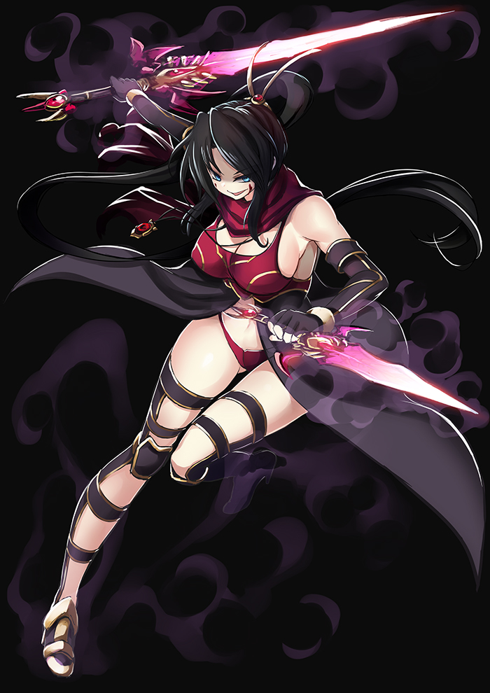 &gt;:) 1girl bare_shoulders black_gloves black_hair breasts cleavage dagger dual_wielding elbow_gloves full_body gloves gluteal_fold hair_ornament holding holding_sword holding_weapon kaori_hero large_breasts long_hair looking_at_viewer original panties parted_lips red_panties red_scarf reverse_grip scarf smile solo sword underwear waist_cape weapon