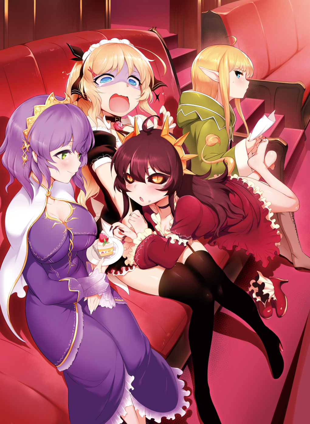 4girls :o ahoge bangs bare_legs bare_shoulders barefoot black_boots black_dress black_legwear black_nails black_ribbon black_sclera blonde_hair blue_eyes blunt_bangs blush boots breasts brown_boots brown_hair cake cape choker christina_(tanaka_the_wizard) cleavage cloak closed_mouth collar color_drain couch cross-laced_footwear dress edita_(tanaka_the_wizard) elf eyebrows_visible_through_hair eyelashes feet fingernails flat_chest floor food food_on_face frilled_dress frilled_sleeves frills from_above fruit garter_straps green_eyes hair_between_eyes hair_ornament hair_ribbon hairband hairclip hand_on_thigh high_heels highres holding holding_paper holding_plate hood hood_down hooded_cloak indoors jewelry lace-up_boots large_breasts long_fingernails long_hair long_sleeves looking_at_viewer lying m-da_s-tarou maid maid_headdress microdress multiple_girls nail_polish off_shoulder on_couch on_stomach open_mouth paper plate pointy_ears profile purple_dress purple_hair red_dress red_shoes ribbon rug see-through shaded_face shadow sharp_fingernails sharp_toenails shiny shiny_hair shoes shoes_removed short_hair short_over_long_sleeves short_sleeves sitting slice_of_cake slit_pupils smile sofaf sophia_(tanaka_the_wizard) sophie spikes stairs strawberry sweatdrop tail tanaka_the_wizard tearing_up tears thigh-highs thigh_boots tiara toenails wavy_mouth white_cape wide_sleeves x_hair_ornament yellow_eyes