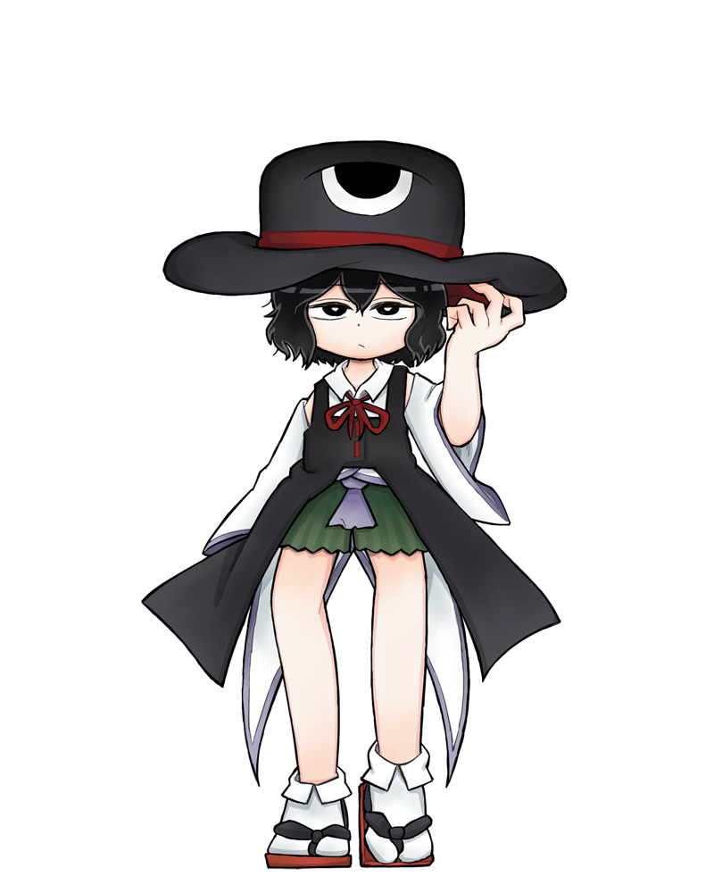 androgynous big_hat black_hair bow chikafumikou detached_sleeves enraku_tsubakura expressionless geta grey_eyes hat len'en red_ribbon ribbon short_hair shorts solo top_hat