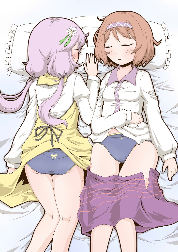 2girls back_opening blue_panties blush breasts brown_hair collared_shirt dress dress_lift frilled_pillow frills from_behind hairband heart heart_print kneepits long_sleeves low_twintails multiple_girls outline panties pillow puffy_long_sleeves puffy_sleeves purple_hair ribbon shared_pillow shirt short_hair siblings sisters skirt skirt_pull sleeping small_breasts thighs touhou tsukumo_benben tsukumo_yatsuhashi twintails underwear white_shirt zannen_na_hito