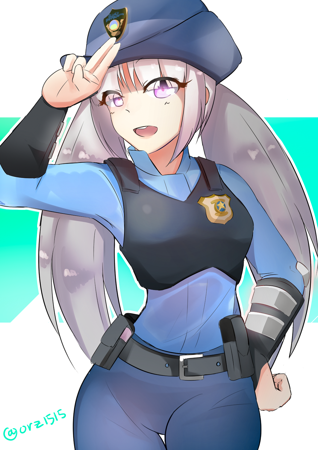 1girl belt body_armor contrapposto grey_hair hand_on_hip hat highres judy_hopps kowaremashita long_hair open_mouth personification pink_eyes police police_badge police_hat police_uniform policewoman pouch salute smile solo twintails uniform zootopia