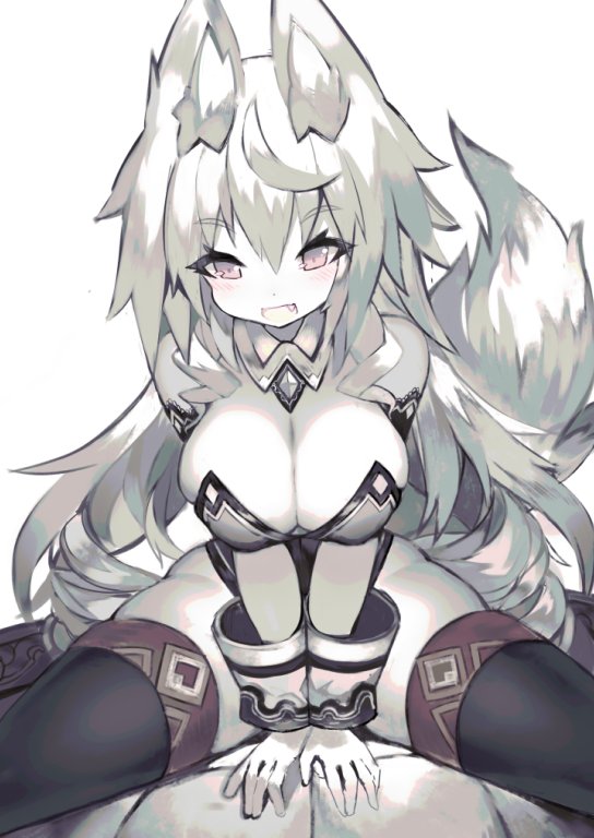 1girl :d animal_ears ass bangs black_legwear blush breasts cleavage eyebrows_visible_through_hair fang fox_ears fox_girl fox_tail hair_between_eyes large_breasts long_hair looking_at_viewer mamuru open_mouth original pink_eyes silver_hair simple_background smile solo spread_legs tail thigh-highs v_arms white_background