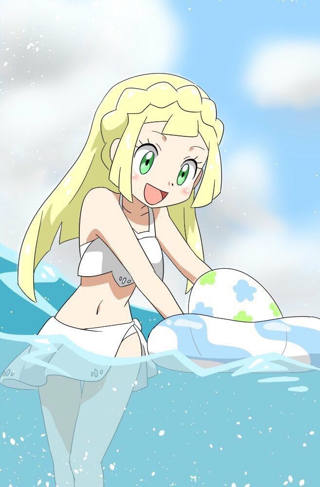 1girl :d artist_request bangs bare_arms bare_legs bare_shoulders bikini bikini_skirt blonde_hair blue_sky blunt_bangs blush braid clouds collarbone day egg floating french_braid green_eyes innertube lillie_(pokemon) long_hair midriff navel ocean open_mouth outdoors partially_submerged pokemon pokemon_(anime) pokemon_(game) pokemon_sm pokemon_sm_(anime) sidelocks sky smile solo source_request swimsuit water white_swimsuit