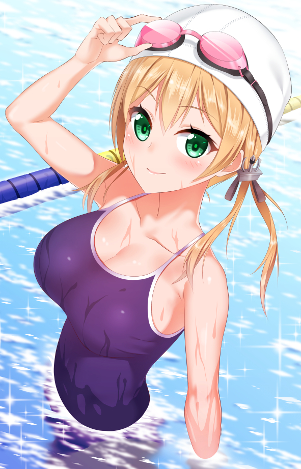 1girl adjusting_glasses adjusting_goggles alternate_breast_size anchor_hair_ornament arm_at_side blonde_hair breasts collarbone competition_school_swimsuit glasses goggles green_eyes hair_between_eyes hair_ornament kantai_collection lane_line large_breasts long_hair looking_at_viewer one-piece_swimsuit partially_submerged pool prinz_eugen_(kantai_collection) school_swimsuit smile solo swim_cap swimsuit twintails water wet wet_clothes wet_swimsuit yasuto_(eria151)