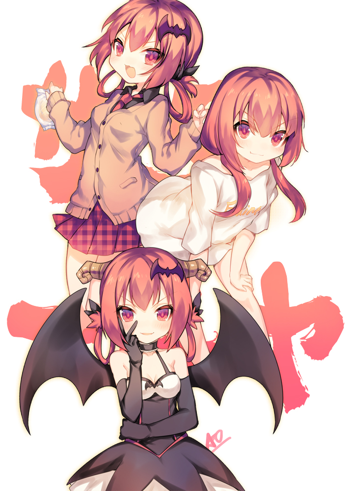 &gt;:) &gt;:d 1girl :3 :d bangs bare_shoulders bat_hair_ornament black_gloves black_ribbon black_shirt black_wings blush breasts buttons cardigan choker claw_pose cleavage closed_mouth clothes_writing collared_shirt colored_eyelashes demon_girl demon_horns demon_wings dress elbow_gloves food gabriel_dropout gloves hair_ornament hair_rings hand_on_own_face holding horns kurumizawa_satanichia_mcdowell leaning_forward long_hair long_sleeves looking_at_viewer low_twintails miniskirt multiple_views necktie open_mouth parted_lips plaid plaid_skirt pleated_skirt pocket red_necktie red_skirt redhead ribbon shiny shiny_hair shirt short_sleeves signature skirt sleeveless sleeveless_dress small_breasts smile smirk t-shirt tongue twintails utm v white_background white_shirt wings