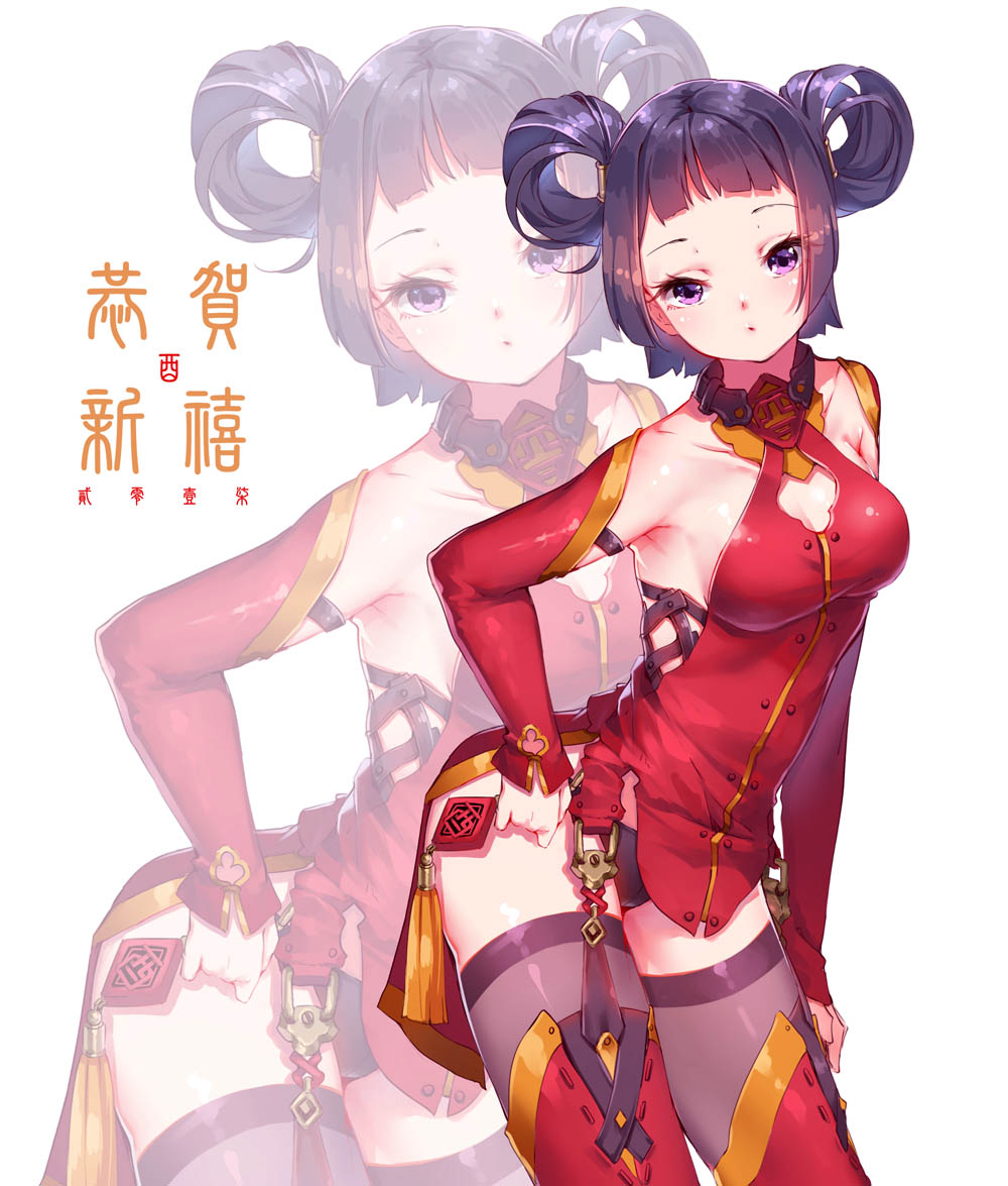 1girl bangs bare_shoulders black_eyes black_hair black_legwear black_panties blunt_bangs blush breasts china_dress chinese_clothes detached_sleeves dress fangxiang_cuoluan garter_straps hair_rings hand_on_hip long_hair looking_at_viewer original panties red_dress red_legwear solo standing thigh-highs underwear
