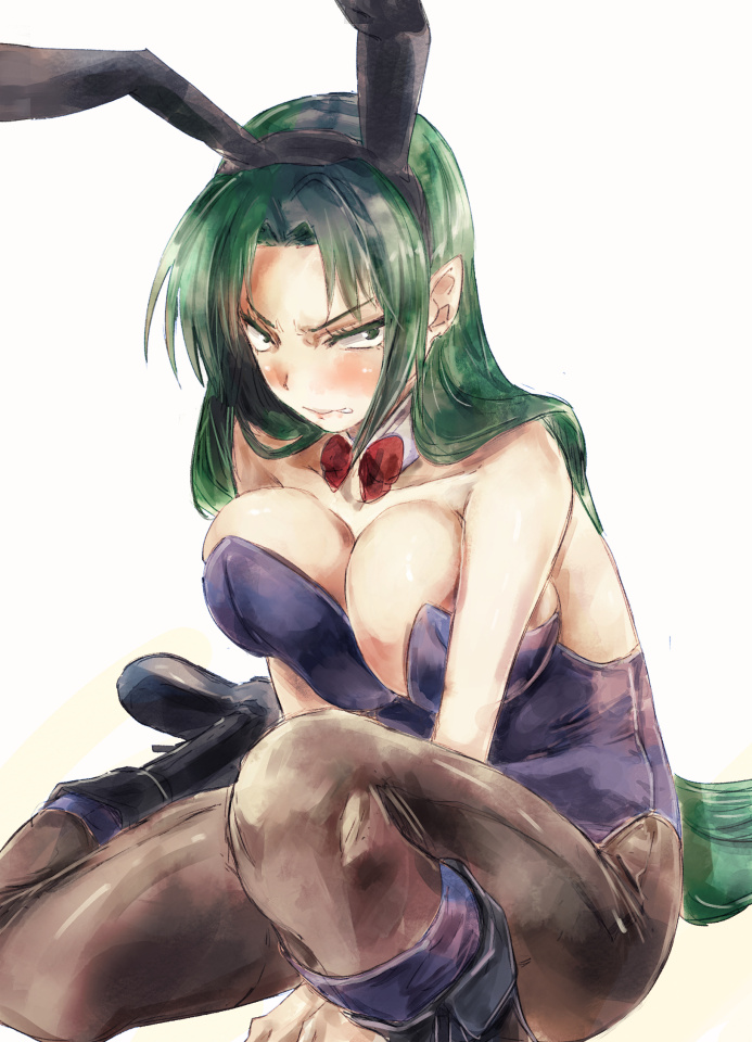 1girl animal_ears bare_shoulders biting boots breasts bunnysuit detached_collar green_hair hairband large_breasts lip_biting long_hair mima pantyhose rabbit_ears scowl solo touhou touhou_(pc-98) yohane
