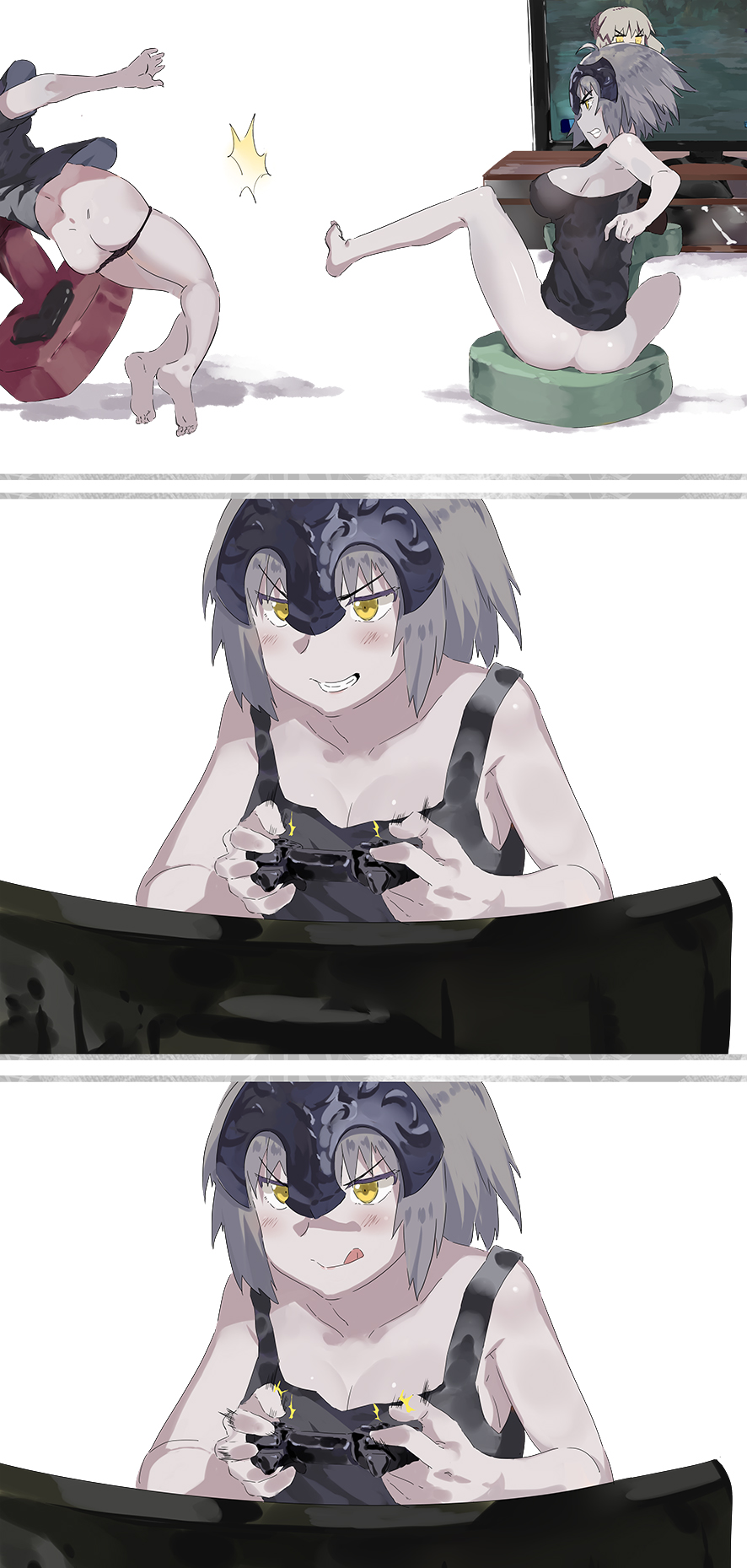 &gt;:) 2girls :q ahoge ass bare_shoulders barefoot black_panties blonde_hair bottomless breasts cleavage comic controller dimples_of_venus fate/grand_order fate/stay_night fate_(series) game_controller grin head_out_of_frame headpiece highres holding jeanne_alter kicking large_breasts motion_lines multiple_girls nanaya_(daaijianglin) no_bra no_pants no_underwear panties panty_pull ruler_(fate/apocrypha) saber saber_alter short_hair sideboob simple_background smile teeth television tongue tongue_out type-moon underwear white_background yellow_eyes