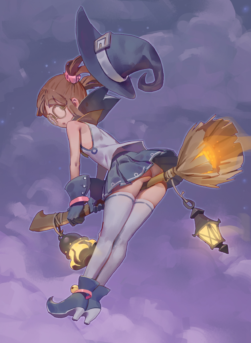 ass blue_gloves blue_shoes blue_skirt broom broom_riding brown_eyes brown_hair buckle clouds cloudy_sky flat_ass from_side full_body glasses gloves grey_sky hair_ornament hair_scrunchie hat high_heels highres lantern looking_at_viewer looking_to_the_side midriff night night_sky original panties pantyshot round_glasses scrunchie shirt shoes short_hair short_twintails sidelocks skirt sky sleeveless sleeveless_shirt tagme tim_loechner twintails underwear upshirt white_legwear witch witch_hat