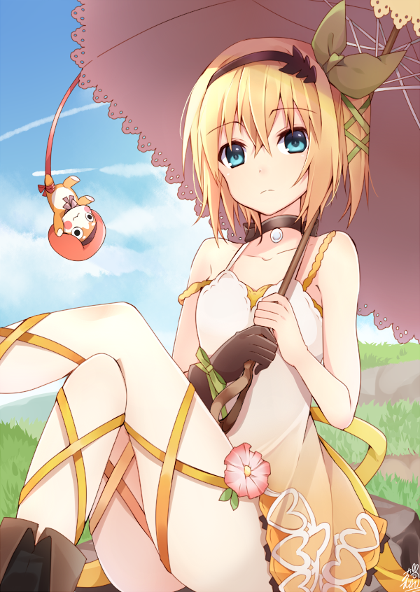 1girl blonde_hair blue_eyes blue_sky choker collarbone commentary_request day edna_(tales) gloves hair_ribbon hairband leg_ribbon legs_crossed looking_at_viewer outdoors ribbon short_hair side_ponytail single_glove sitting sky solo sxupxdxxy tales_of_(series) tales_of_zestiria tress_ribbon umbrella