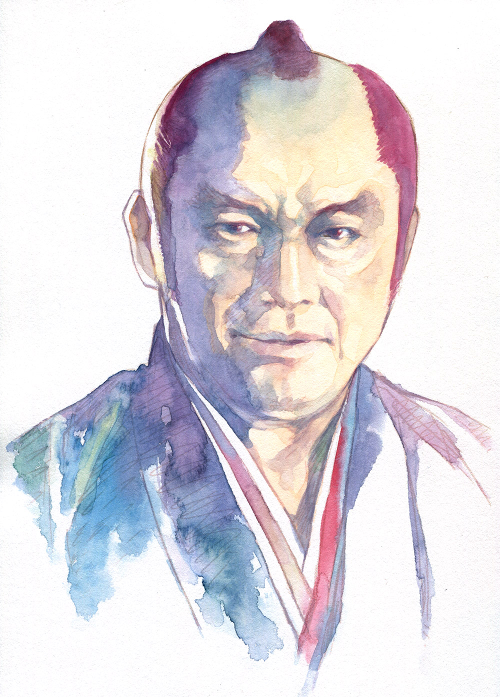 1boy agahari chonmage colored_pencil_(medium) commentary graphite_(medium) highres japanese_clothes male_focus matsukata_hiroki paint_(medium) portrait real_life samurai simple_background topknot traditional_media white_background